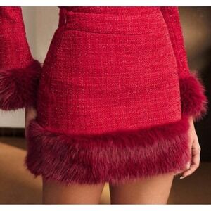 MOTF‎ Red Tweed Faux Fur Trim Mini Skirt Flirty Glam Size L